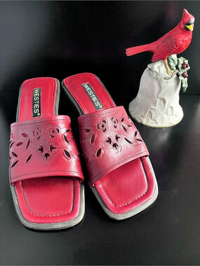 WESTIES Floral Cutout Block Heel Mules in Red